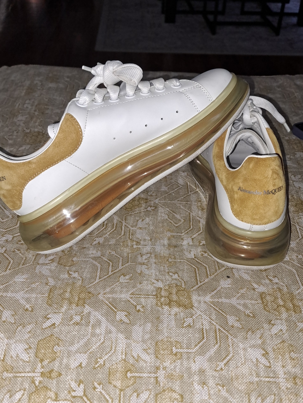 Alexander McQueen Men's White Sneakers with Tan Suede Heel Size 40